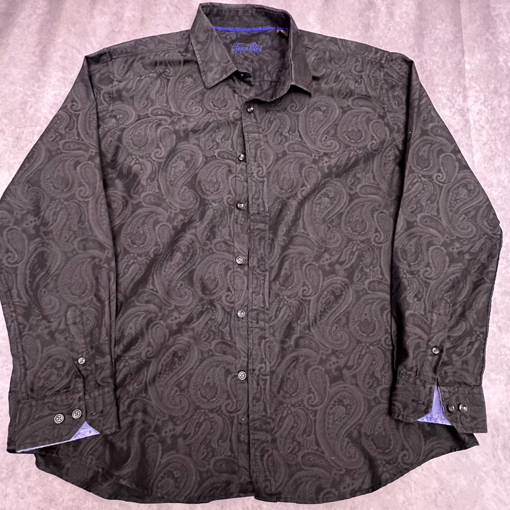 Tasso Elba Button Down Mens XL Black Paisley Jacquard Long Sleeve Excellent